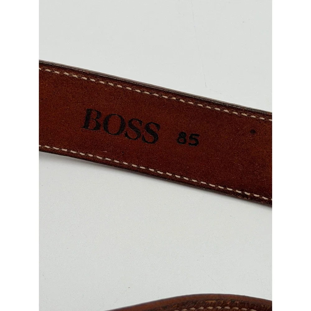 Vintage Hugo Boss Brown Leather Western Ranger Belt Silver Engraved Hardware 85